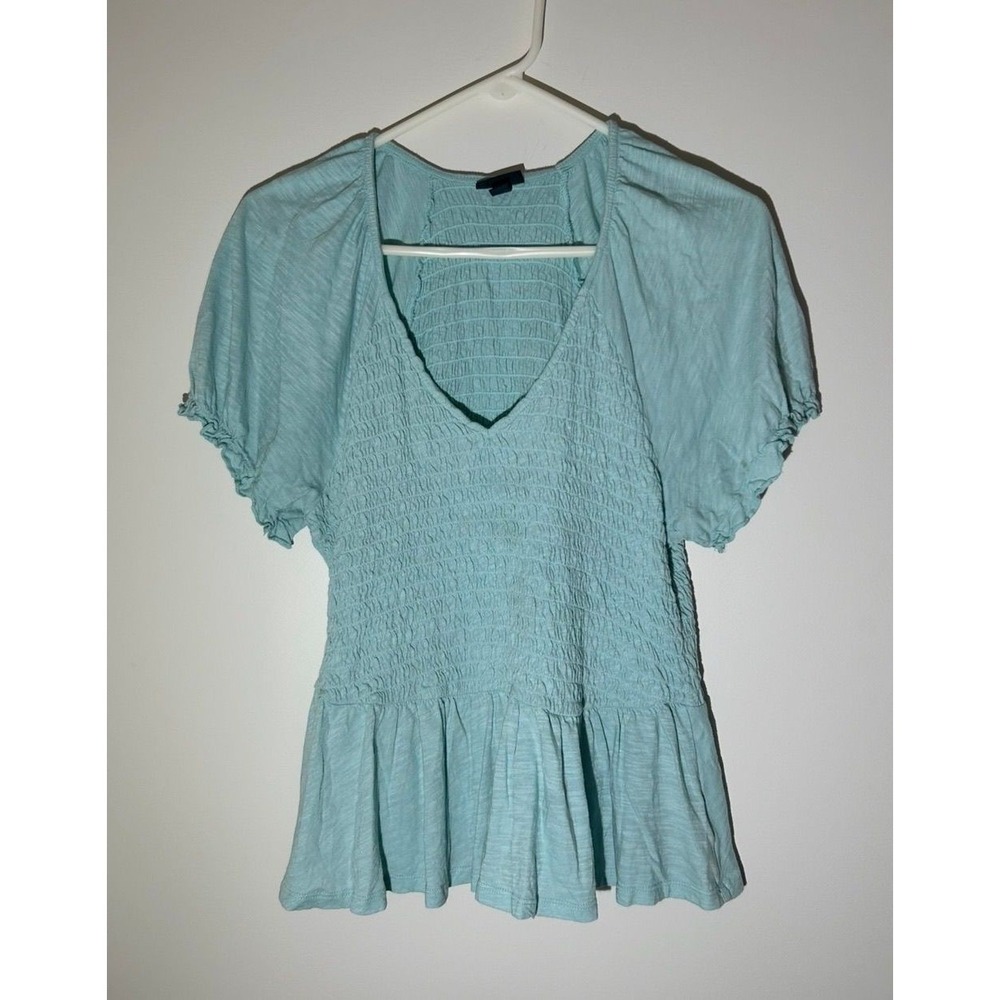 Torrid Green Smocked Blouse Top Cotton blend V-neck Ruffle Stretch Women's 0 (L)